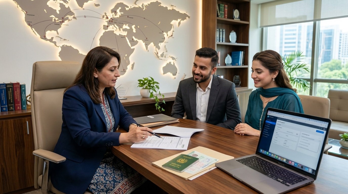 Pakistani clients receiving expert immigration guidance from a professional consultant