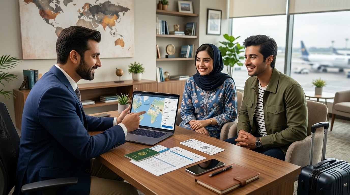 Pakistani travellers receiving professional flight booking and travel planning assistance