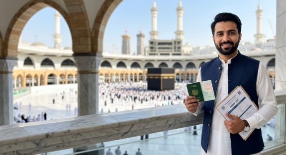 Pakistani traveler holding passport and Umrah visa documents for Umrah visa services