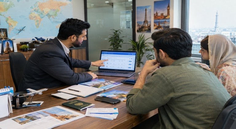 Pakistani travel consultant helping clients with flight booking and customized travel planning