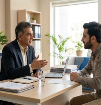 Pakistani consultant advising a client in a professional Lahore office