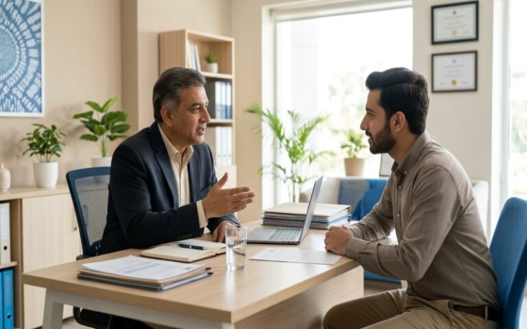 Pakistani consultant advising a client in a professional Lahore office