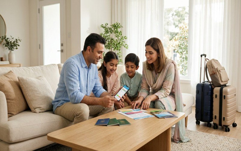 Family reviewing travel bookings and holiday documents before their trip.
