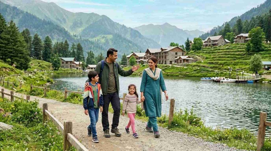 Pakistani family exploring a scenic holiday destination with green mountains and a lake.