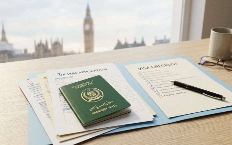Pakistani passport and organised visa documents showing careful preparation to help avoid UK visit visa refusal.