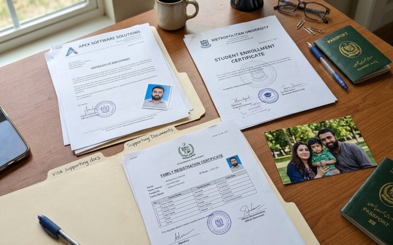 Employment letter, student ID, family documents, and Pakistani passport for a Schengen visa application.