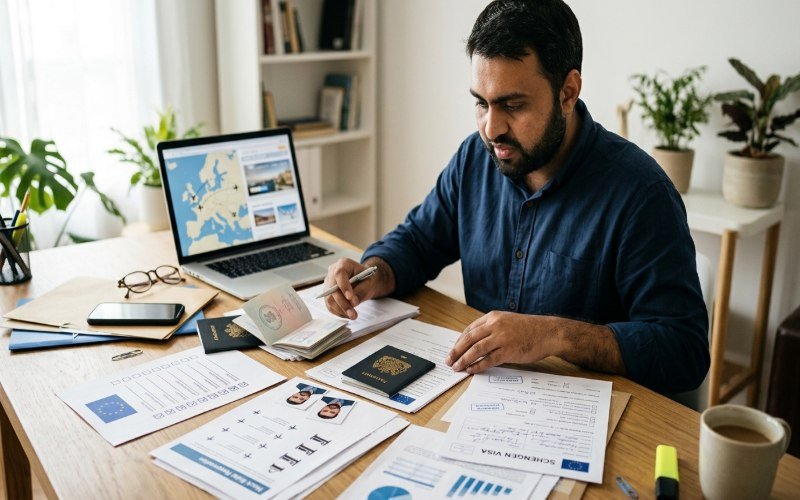 Essential Schengen visa documents, including a Pakistani passport, application form, passport photos, and supporting paperwork.