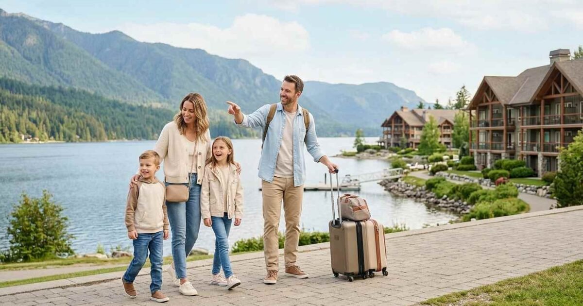 Family enjoying a holiday at a scenic destination with mountains and a lake.