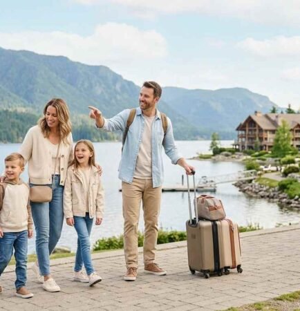 Family enjoying a holiday at a scenic destination with mountains and a lake.