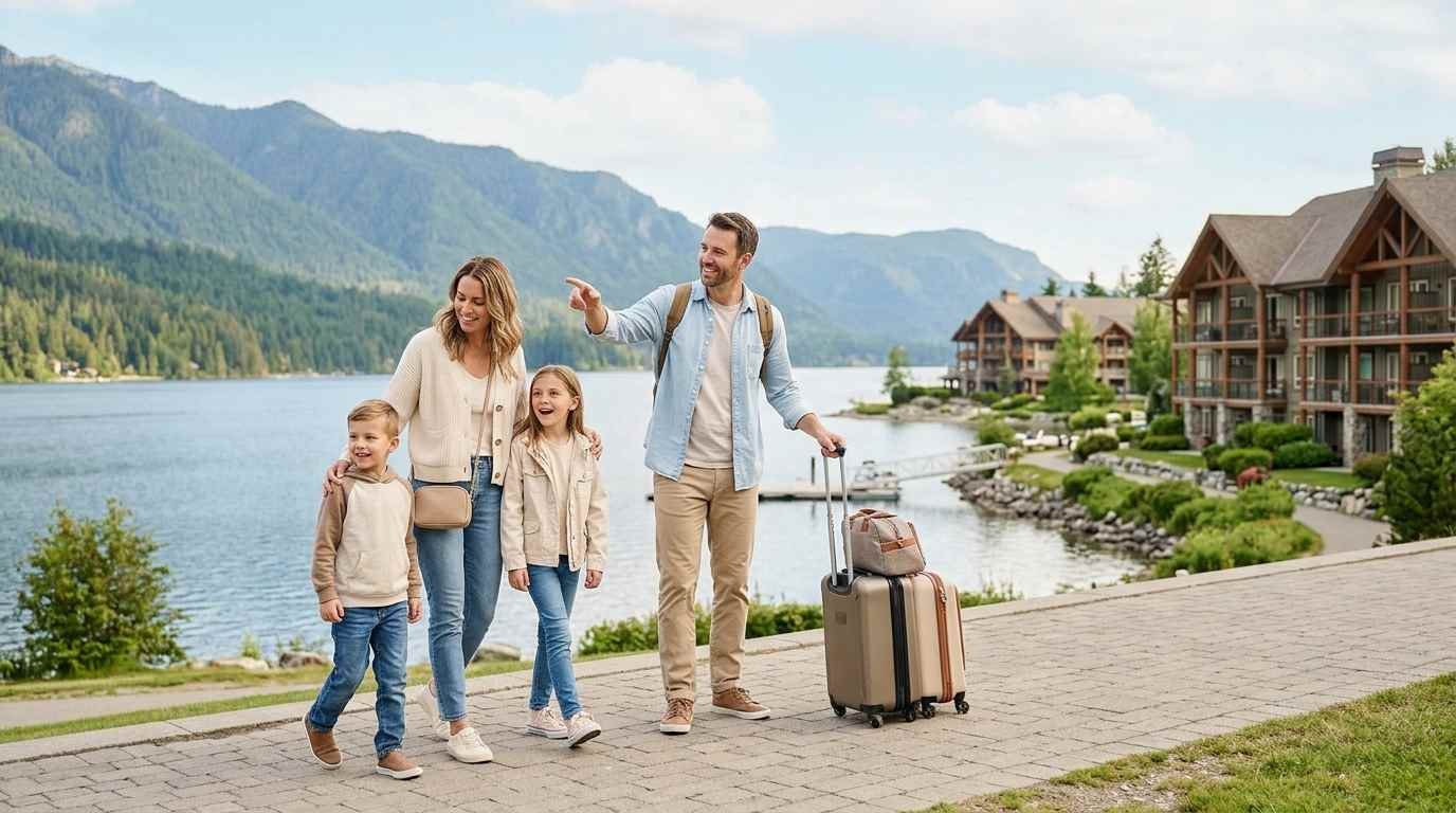 Family enjoying a holiday at a scenic destination with mountains and a lake.