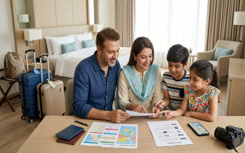 Pakistani family preparing for a holiday with suitcases and travel documents.