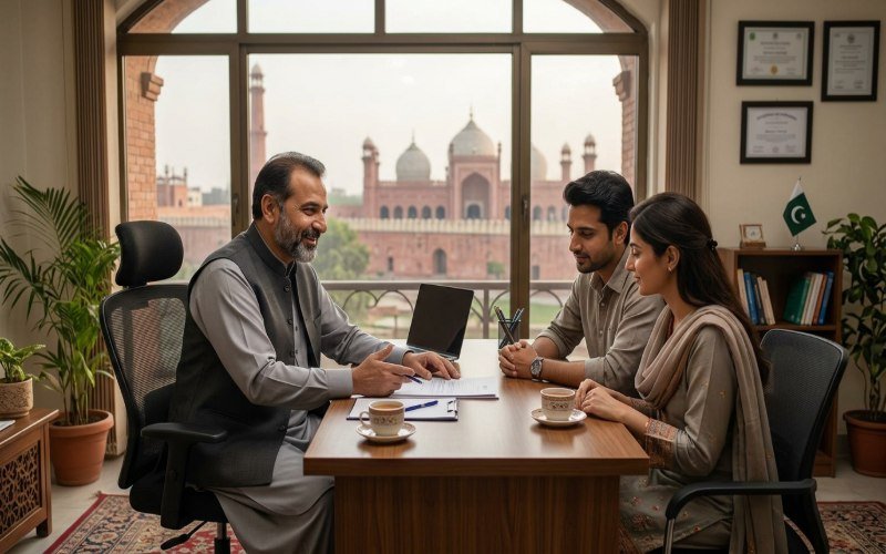 Pakistani consultant reviewing documents and service terms with a client in a Lahore office