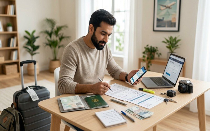 Traveller preparing passport visa documents and flight details for an international trip