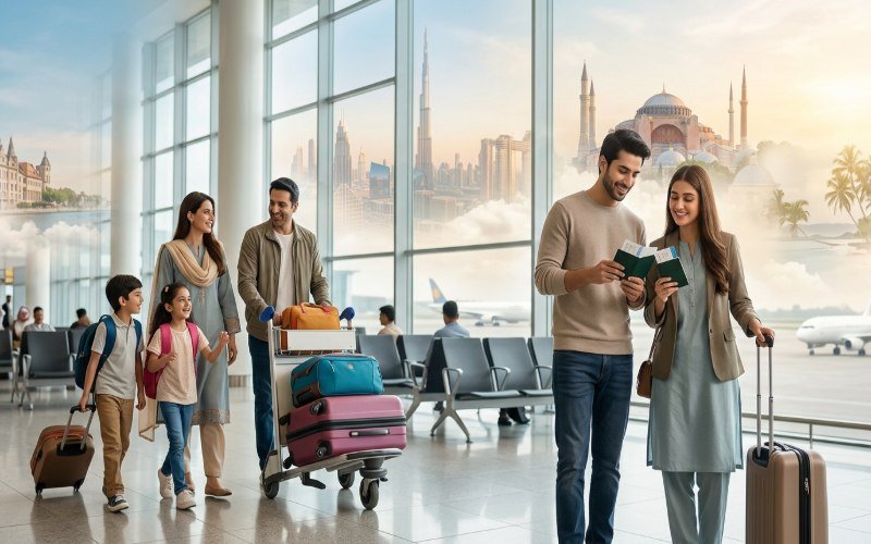 A professional travel scene showing Pakistani travellers with luggage at an airport, with Dubai, Istanbul, tropical beaches, and European destinations represented in the background.
