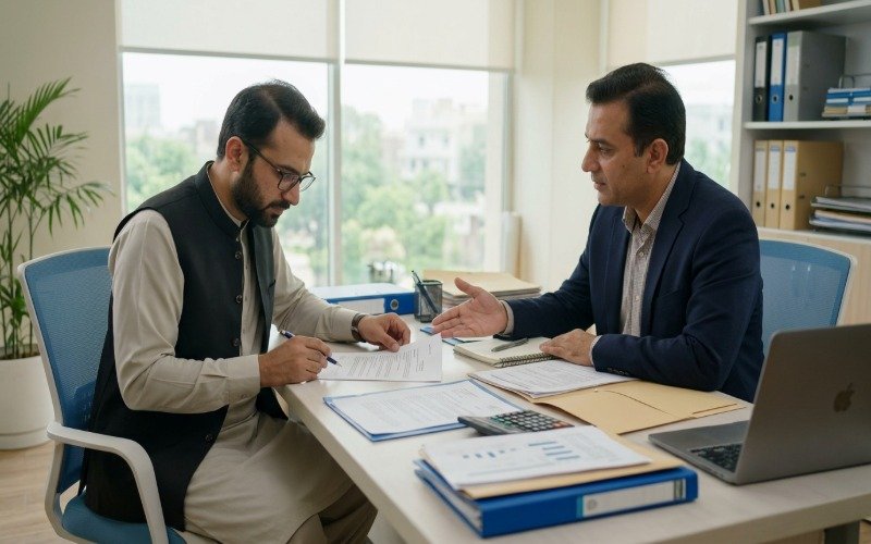 Pakistani client reviewing consultancy fees and documents before hiring a consultant in Lahore