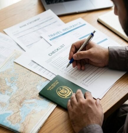 Schengen visa documents checklist for Pakistani citizens, including passport, application forms, bank statements and travel insurance.