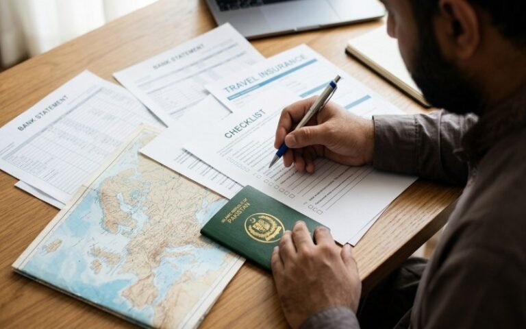 Schengen visa documents checklist for Pakistani citizens, including passport, application forms, bank statements and travel insurance.