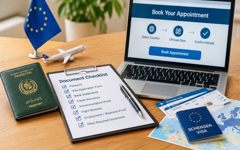Pakistani passport, euro banknotes, calculator, bank statement, and Schengen visa travel cost documents.