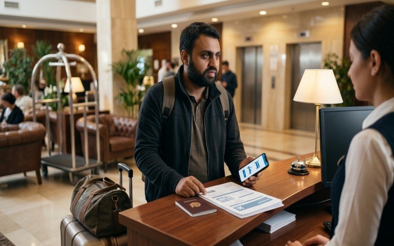Pakistani passport, travel insurance papers, hotel reservation, and flight itinerary for a Schengen visa application.