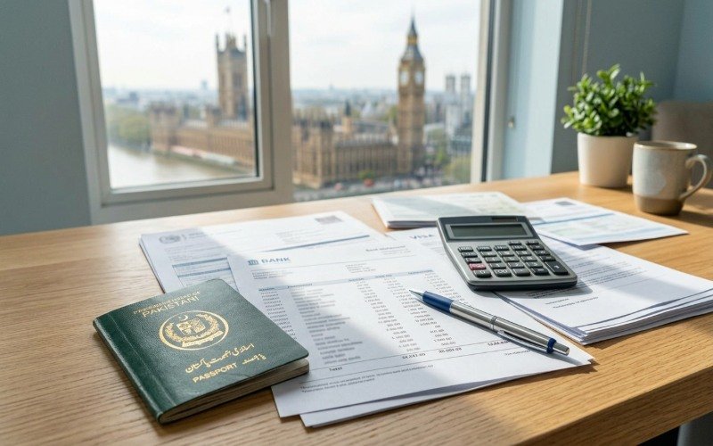 Pakistani passport, bank statements, and calculator arranged on a desk for UK visit visa financial preparation.