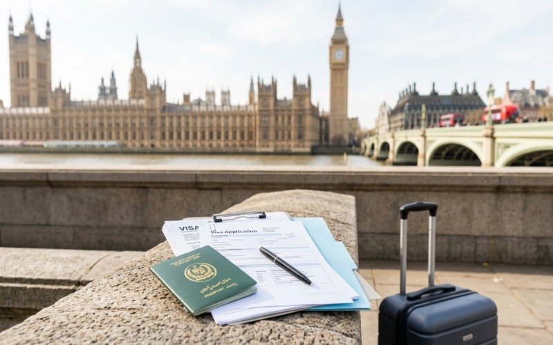 UK visit visa documents beside a Pakistani passport with Big Ben in London